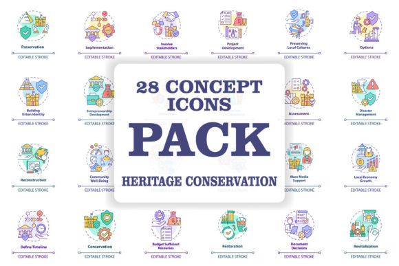 Heritage Conservation Concept Icons Set for Modern Design Projects