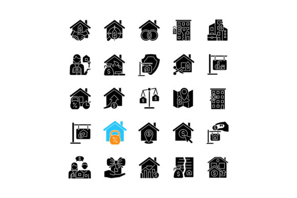 Property Sale Black Glyph Icons Set for Local Business Branding